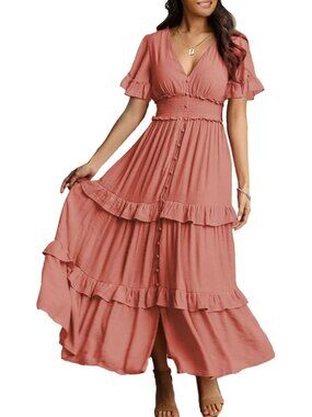 Boho V Neck Long Sleeve Maxi Dress - Flowy Fall Wedding Guest & Engagement Dress